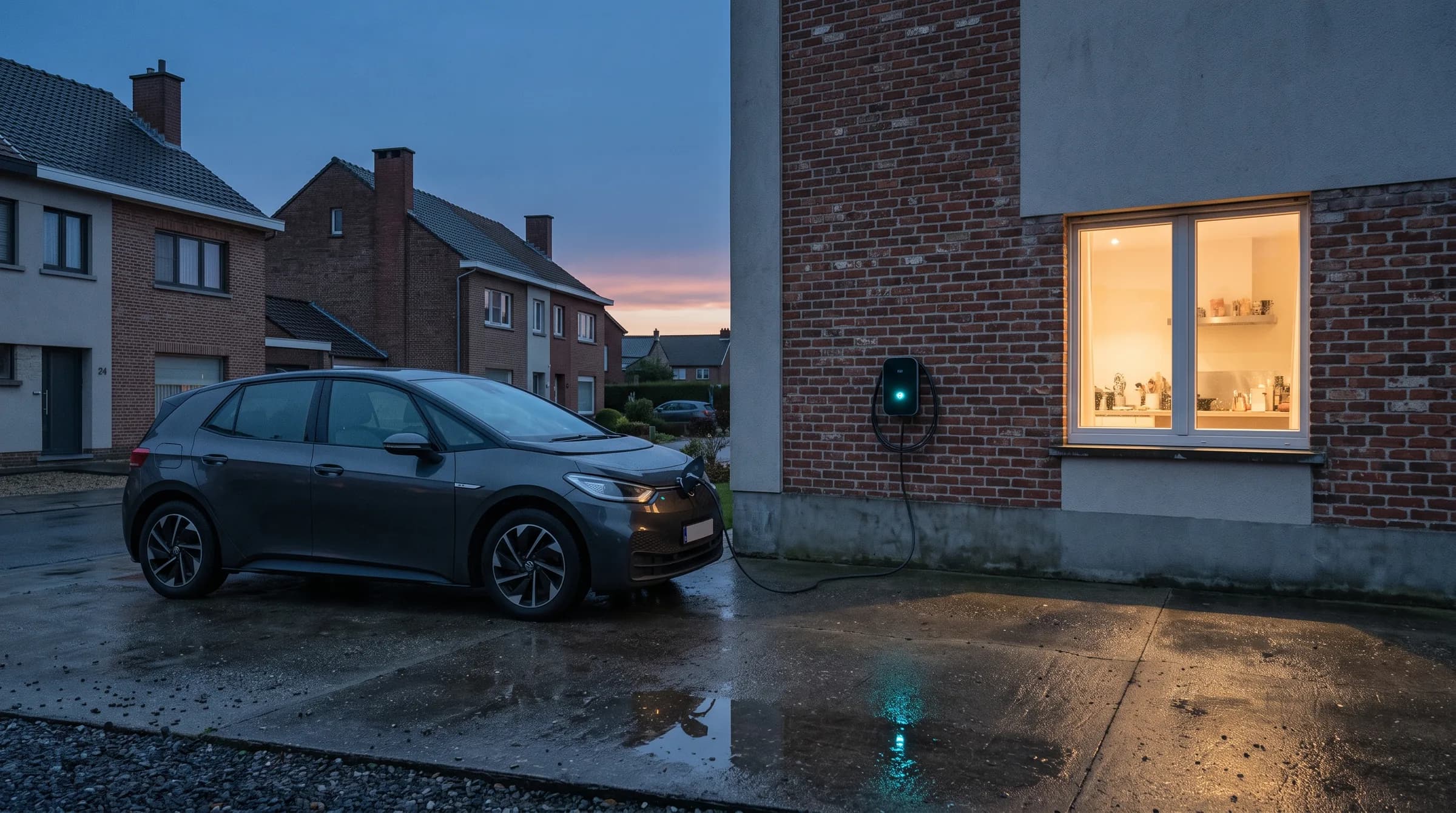 Een elektrische wagen laadt op de oprit tijdens het blauwe uur, met warm licht uit het keukenraam.