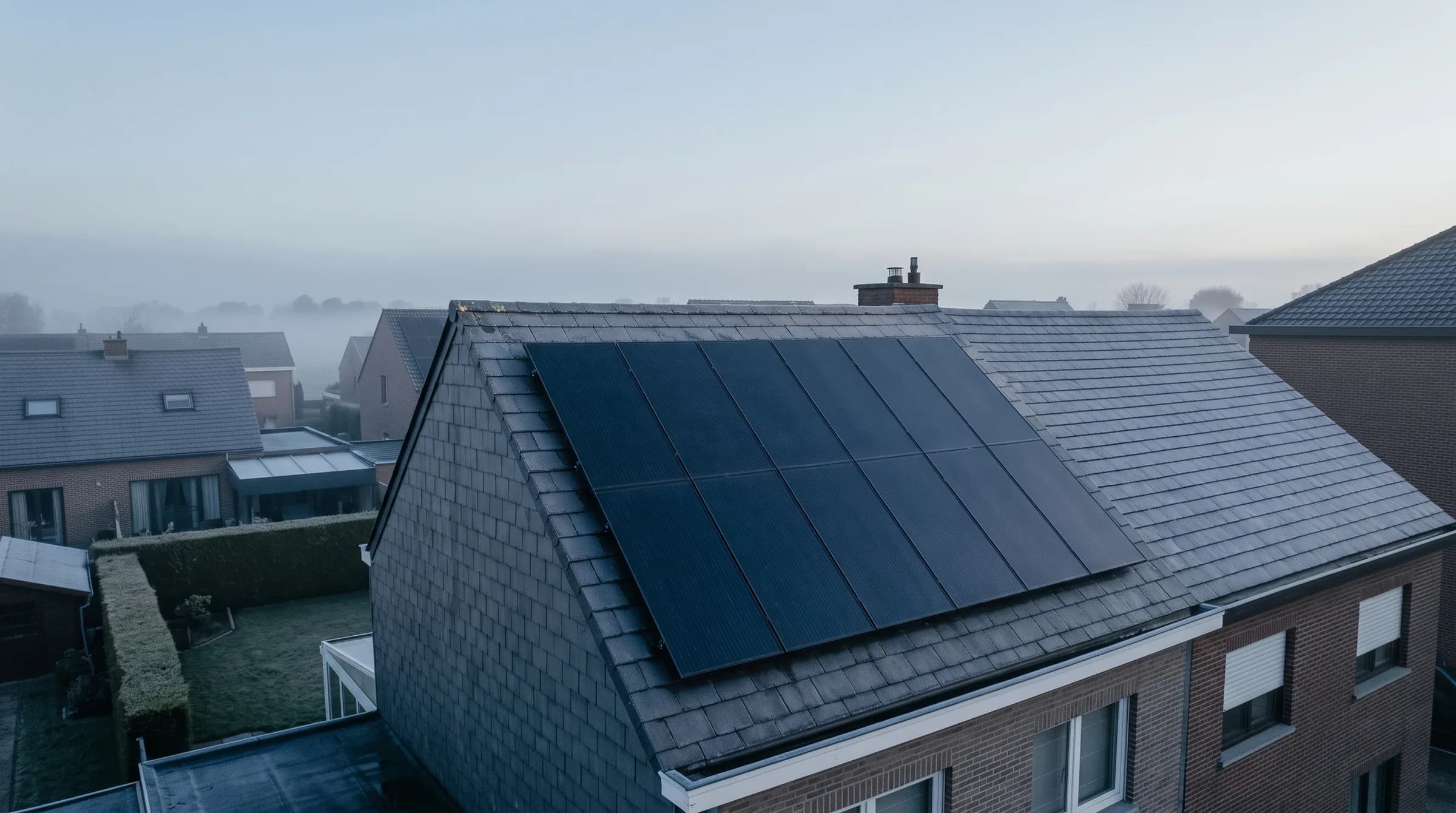 Het eerste licht raakt de panelen op een Vlaams dak, de rest van de wijk ligt nog in de mist.